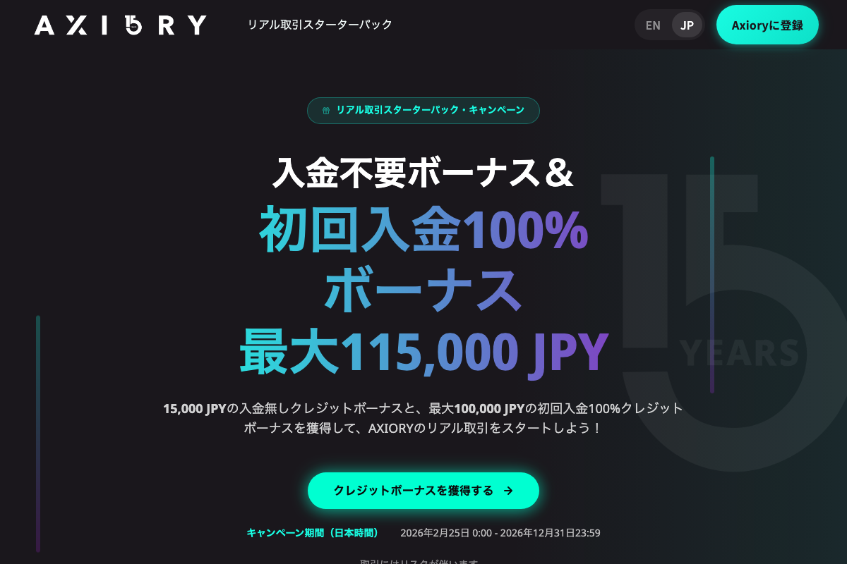 海外FX口座開設ボーナスランキング5位・AXIORYの入金不要ボーナス15,000円のキャンペーンページ