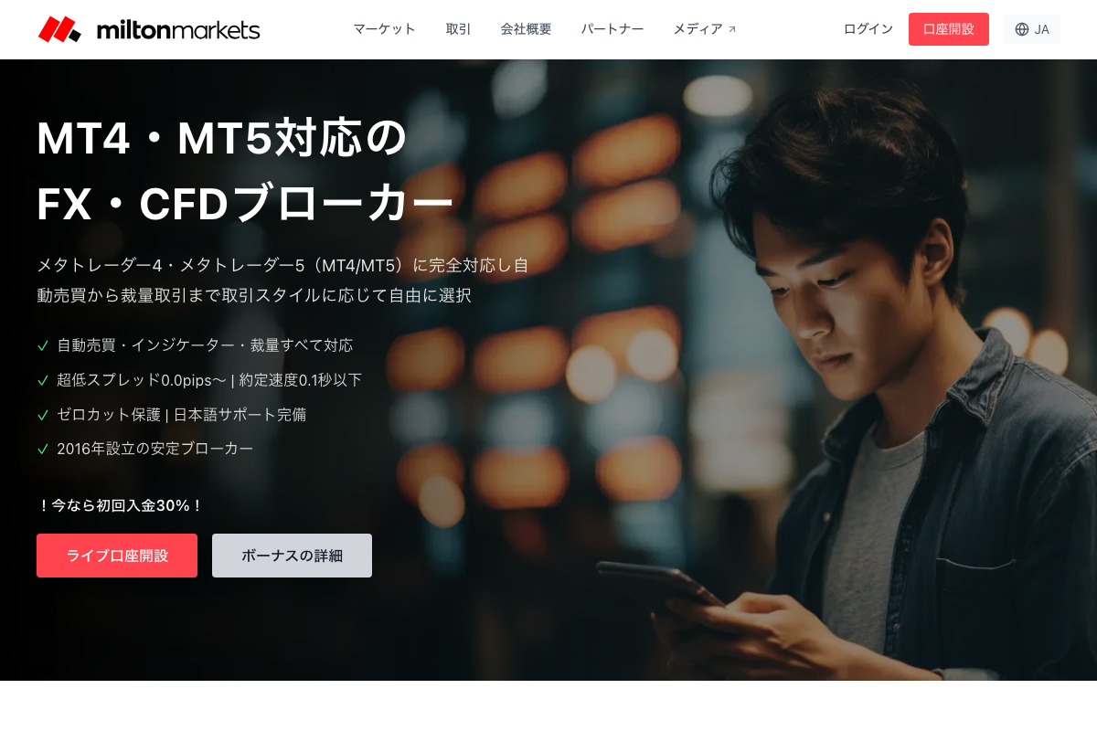 海外FX入金ボーナスランキング20位・MiltonMarketsの公式サイト