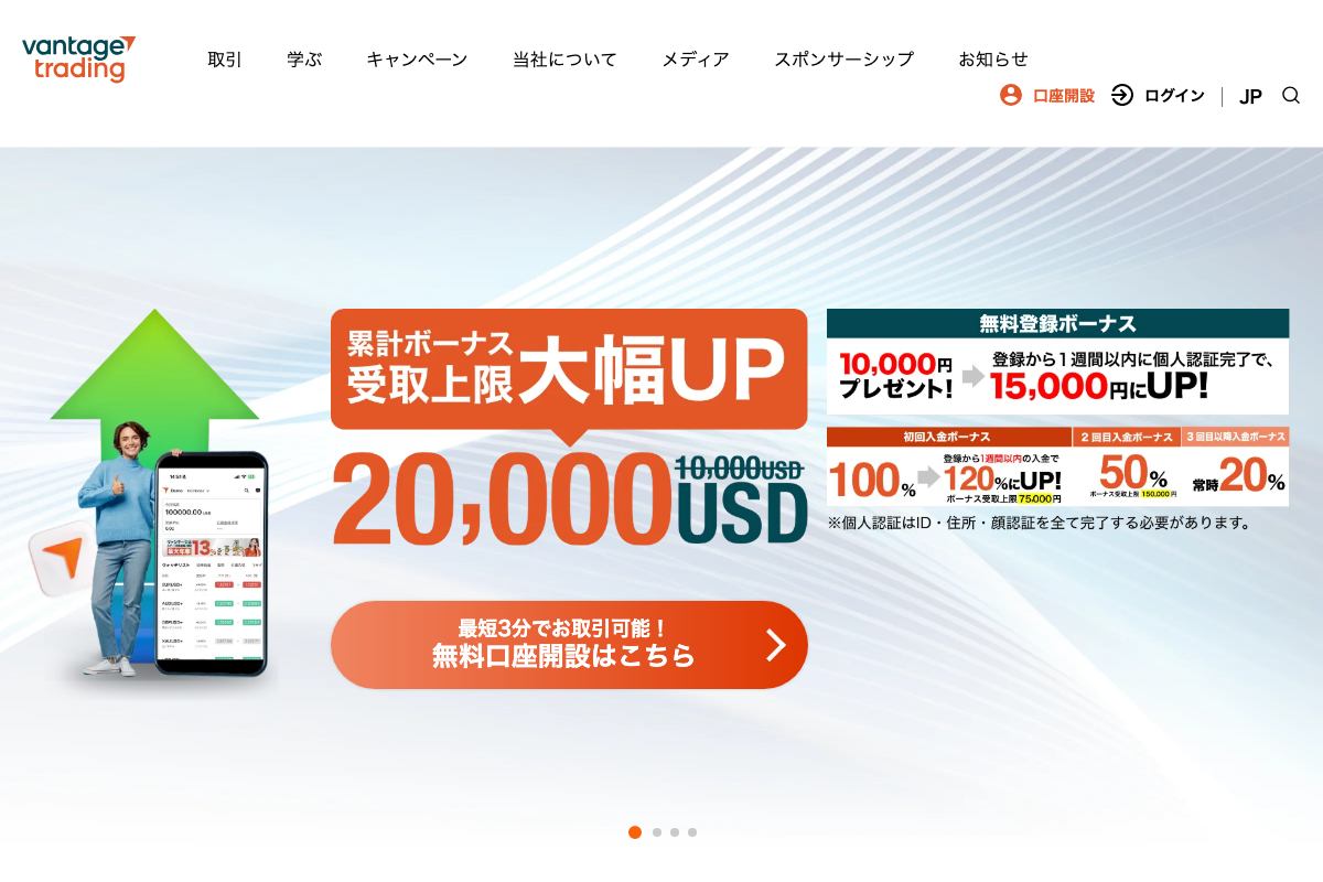 海外FX口座開設ボーナスランキング2位・Vantage Tradingの無料登録ボーナス15,000円のキャンペーンバナー